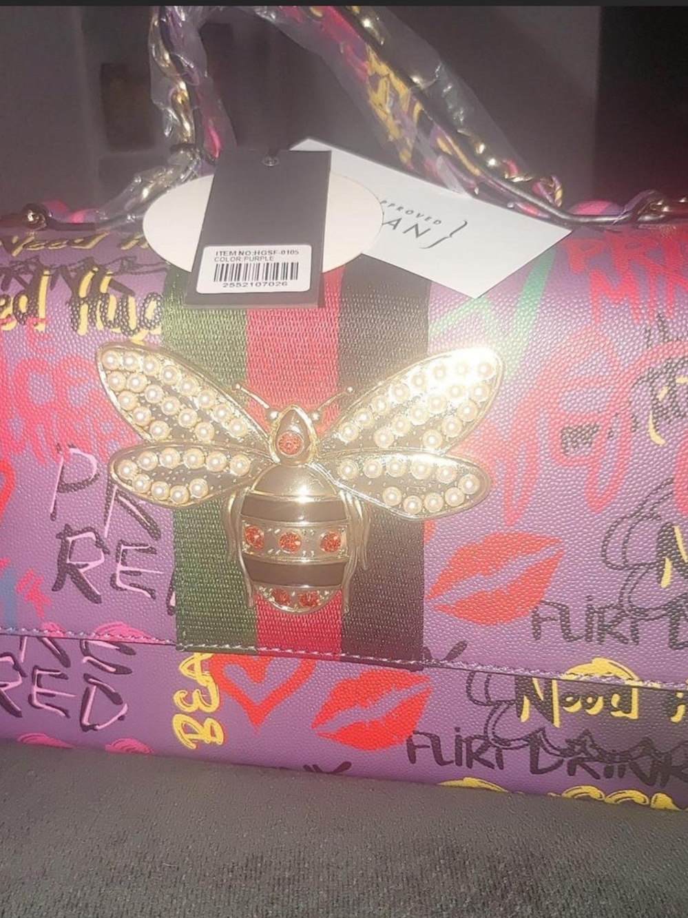 Women's Purple Graphic Bee-Embellished Shoulder Bag
